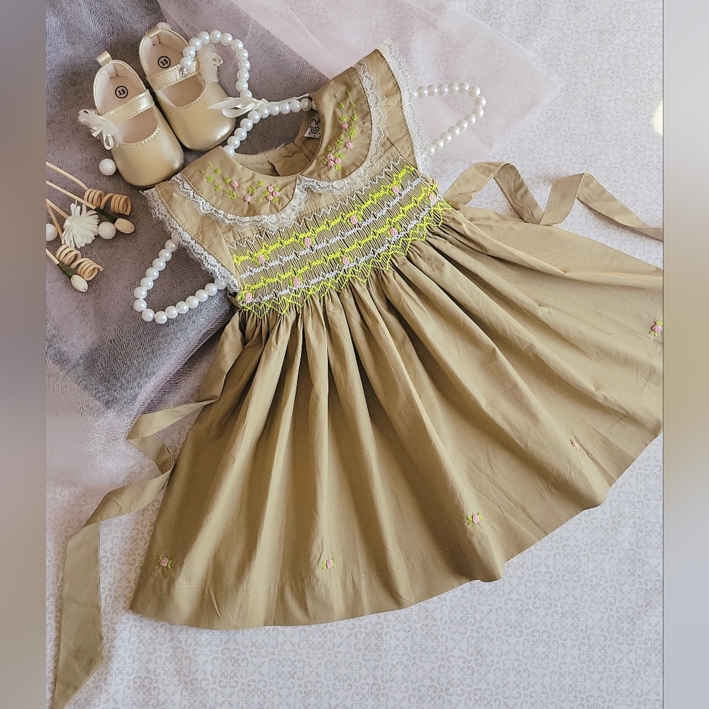 Beige Smocked Embroidered Baby Girl Dress. Flower Girl Dress. Birthday Dress Gif
